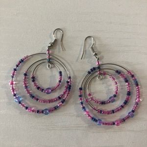 Pink beaded hoop earrings w/silver hardware